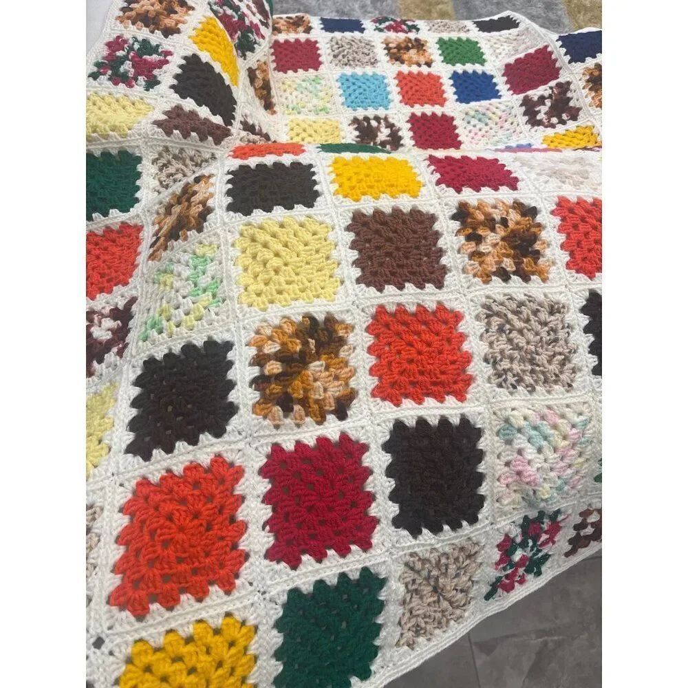 Vintage Handmade Multicolor Granny Square Crochet Afghan Blanket Throw